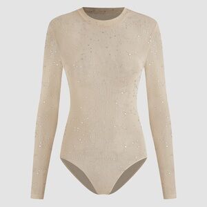 NWT ROUND NECKLINE SHEER SILVER STAR BEIGE BODYSUIT